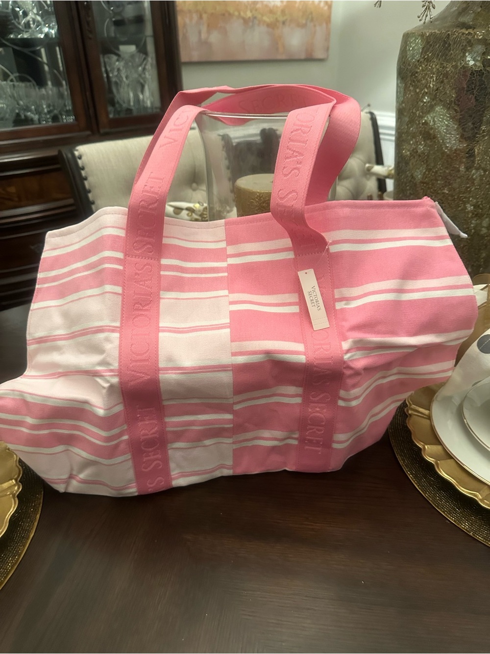 Brand New Victoria's Secret Pink Stripe Canvas Tote